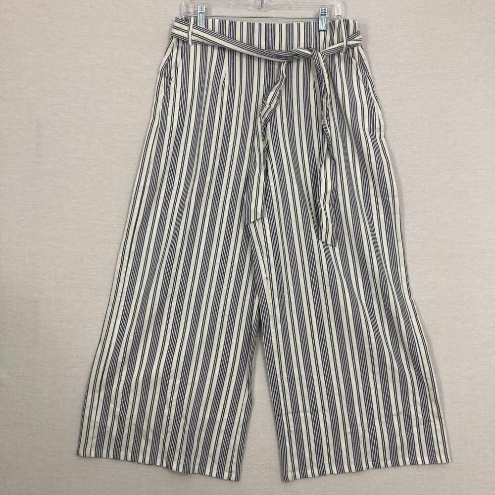New 1. State Striped Belted High Rise Wide Leg Side Zip Crop Pants Large